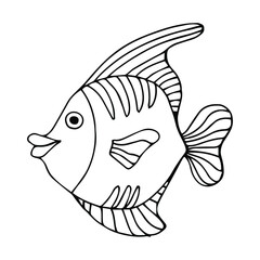 Vector isolated fish on the white background. Colorless outline element for a children coloring page.