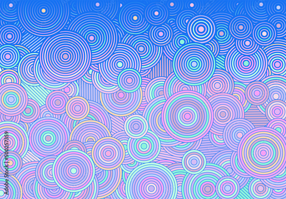Poster Abstract psychedelic background with circles and lines of various widths in modern optical illusion style.