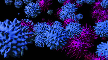 Fototapeta na wymiar Coronavirus Covid-19. Sars-Cov-2 virus cells microscoping view. 3D render illustration.