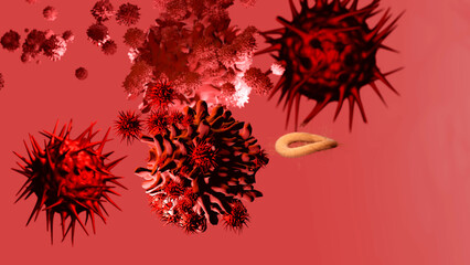 Coronavirus Covid-19. Sars-Cov-2 virus cells microscoping view. 3D render illustration.