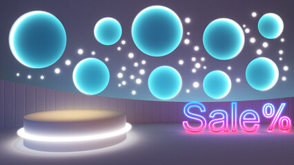 3D render white podium with lighting glow in background for premium product and sale logo for discount sell in night time