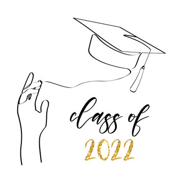Class of 2022. One line art with student tossing up his graduation cap. Trendy one line draw design graphic vector illustration.