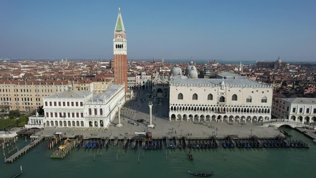 Aerial view of St Mark's square, Grand Canal and Dogana da Mar, Venice, Veneto, Italy, Europe.