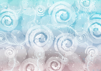 Watercolor provence winter futuristic Background. White circle or spiral splashes and feather on colorful blue and violet gradient Background. Multicolor watercolor abstract Backdrop