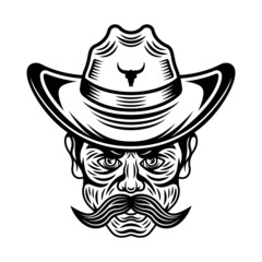 Cowboy man head with mustache in hat vector illustration in vintage black and white style isolated