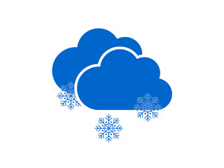 Blue clouds and snowflakes on a white background. Modern weather forecast design during snowfall in winter. Freeze symbol horizontal poster. 