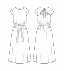 Fashion technical drawing of belted wide dress