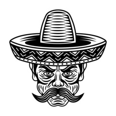 Mexican man head with mustache and in sombrero hat vector illustration in vintage black and white style isolated