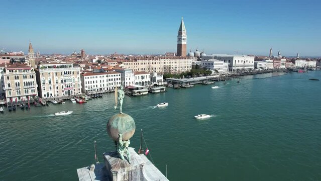 Italy, Veneto, Venice, Aerial view of Dogana da Mar, movable wind vane of the goddess Fortuna on a gilded globe, carried by atlases