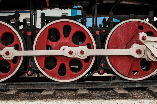 Russia, Tyumen, City Park: Elements of a vintage steam locomotive