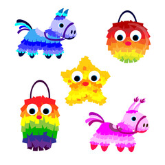 Set of colorful pinatas in cartoon style. Vector illustration of Mexican toys with treats for child birthdays, party celebrations, carnivals in the shape of a horse, star and ball on white background.