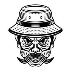 Fisherman in bucket hat with mustache. Vector character illustration in monochrome vintage style isolated on white background