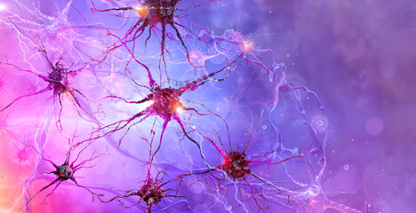 Human brain neural network, active neuron cells, knots, axons, synapses; nervous system 3D background. Nerve cells electrical activity. Biology, neurology science, cognition, psychology, mental health - obrazy, fototapety, plakaty