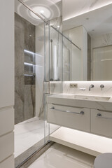 modern bathroom interior, bathroom interior with beige tiles