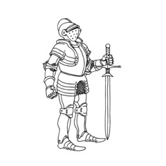 Fototapeta na wymiar A knight in medieval armor with a two-handed sword. Vector illustration with contour lines in black ink isolated on a white background in a cartoon and hand drawn style.