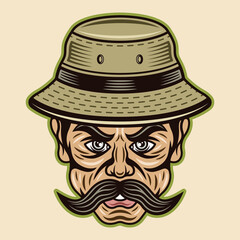 Fisherman in bucket hat with mustache vector character illustration in colorful cartoon style isolated on light background