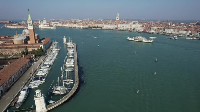Aerial view of St Mark's square, Grand Canal and Dogana da Mar, Venice, Veneto, Italy, Europe.