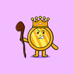 Cute cartoon gold coin mascot as wise king with golden crown and wooden stick