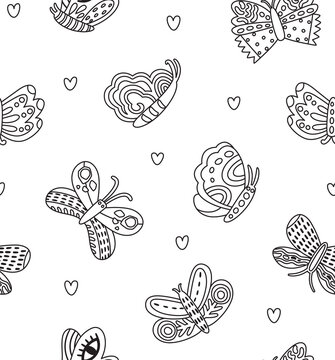 Vector seamless pattern with butterflies and moths in monochrome