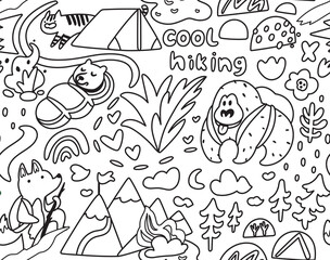 Black and white seamless pattern with cartoon animals in hiking. Vector illustration
