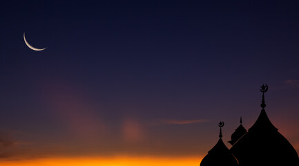 Mosques dome and crescent moon on dusk sky religion of Islamic and free space for text Ramadan, Eid Al Fitr, Eid Al Adha, Eid Mubarak, Muharram 