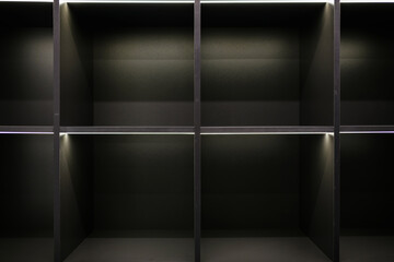 black shelves with illumination for things