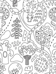 Black and white magical fantasy forest map. Vector illustration