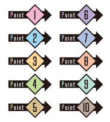 矢印をあしらった数字アイコンセット　1〜10　POINT（ブラック＆パステルカラー） - obrazy, fototapety, plakaty