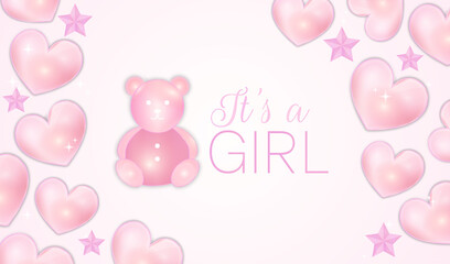 Fototapeta na wymiar It's a Girl Baby Shower Illustration Design with Cute Bear, Hearts and Stars Toys