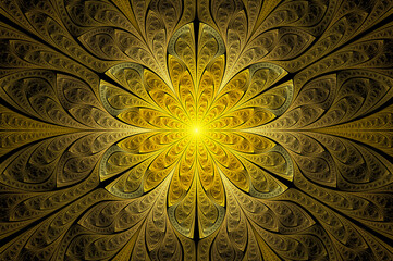 Computer generated abstract illustration Beautiful fractal Golden flower wall  pattern, Kaleidoscope design background, Abstract Concept Unique Mandala Kaleidoscopic creative inimitable graphic design