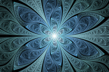 Computer generated abstract illustration fractal crystal blue flower wall  pattern, Kaleidoscope design background, Abstract Concept Unique Mandala Kaleidoscopic creative inimitable graphic design