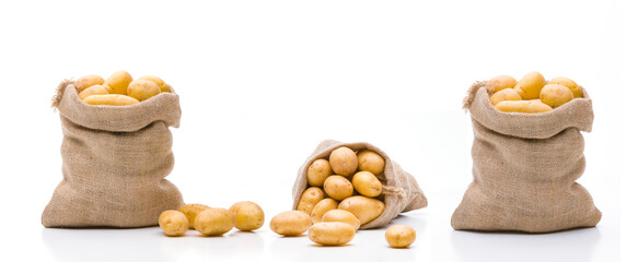 Kartoffeln in einem Jutesack isoliert auf eweissem Hinterghrund