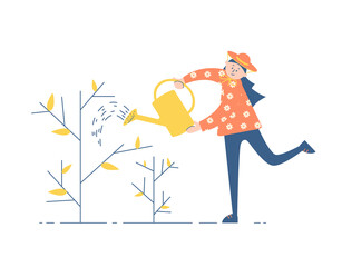 
girl watering plants from a watering can in a hat young trees in the garden seedlings