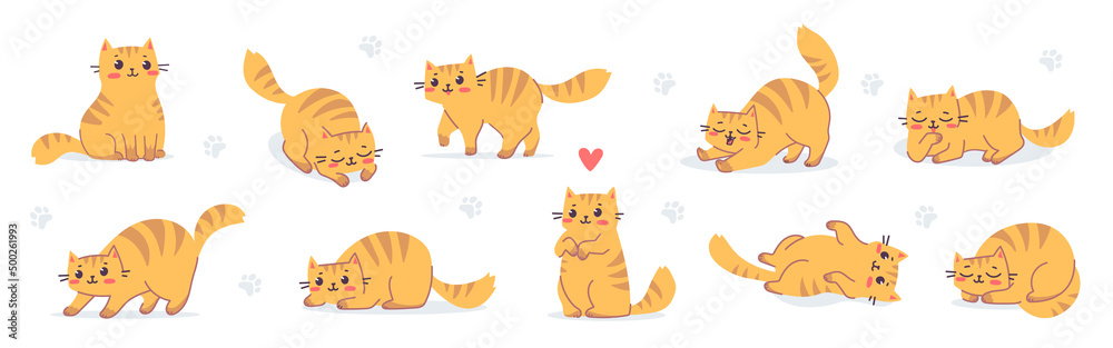 Wall mural vector set of illustration with happy cute red cat character on white color background. flat line ar