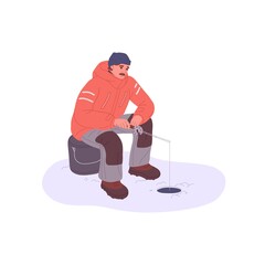 Man fisher at ice polar fishing in cold winter, frost. Fisherman sitting with rod, catching fish through hole. Angler on frozen lake water. Flat vector illustration isolated on white background