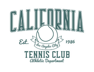 California, Los Angeles tennis club t-shirt design. College style tee shirt with tennis ball. Sport apparel print. Vector illustration.