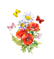 Honey bees with floral bouquet - poppies, chamomile flowers. Watercolor