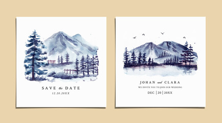 Watercolor wedding invitation set with winter landscape and icy mountain 
