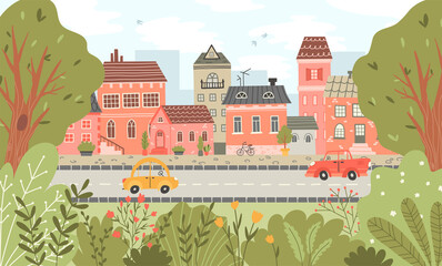 Summer city landscape. Background with street, houses and cars in flat style. Cute illustration of the town. Vector - 500262792