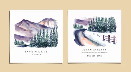 Fototapeten Wedding invitation set of winter landscape with mountain and pine trees watercolor © Yorda