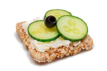 Rice Cake Sandwich with Fresh Cucumber, Cream Cheese and Olives - Isolated on White. Easy Breakfast. Quick and Healthy Sandwiches. Crispbread with Tasty Filling. Healthy Dietary Snack - Isolation