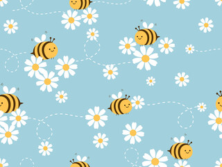 Seamless pattern with daisy flower and bee cartoons on blue background vector.