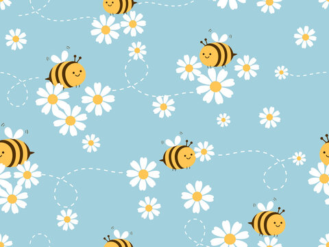 Seamless pattern with daisy flower and bee cartoons on blue background vector.