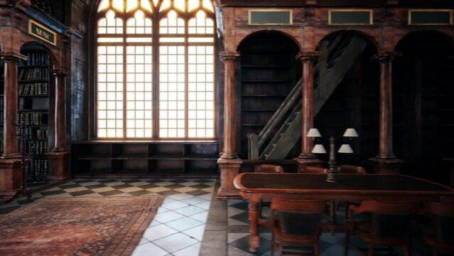 Animated library with old books 3d render 3d illustration.