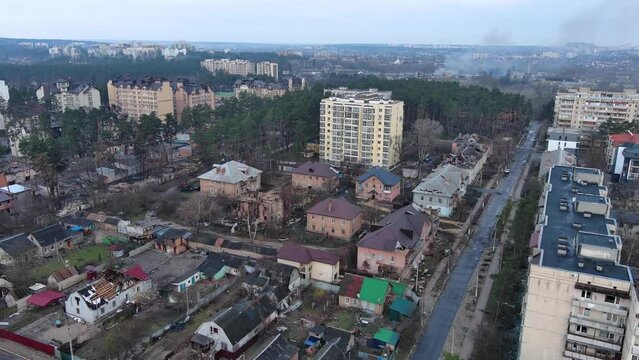 Ukrainian city after bombing. Bombed city. War in Kyiv. Ukraine war.