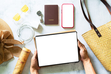 Tablet travel planning view and shopping lifestyle,,trip planning ideas on the map,Top view of young couple with tablet planning vacation trip holiday, desktop travel chroma key concept