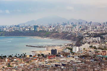 Lima skyline, aerial view of Lima city, Pacific ocean coast, Lima beach, Peru