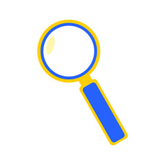Magnifier isolated on white background. Information search icon in yellow and blue color. Vector.
