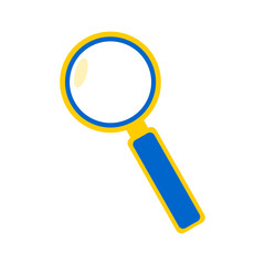 Magnifier isolated on white background. Information search icon in yellow and blue color. 