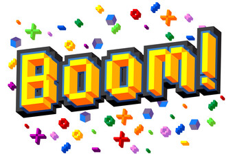 Boom pixelated word with geometric graphic background. Vector cartoon illustration.
